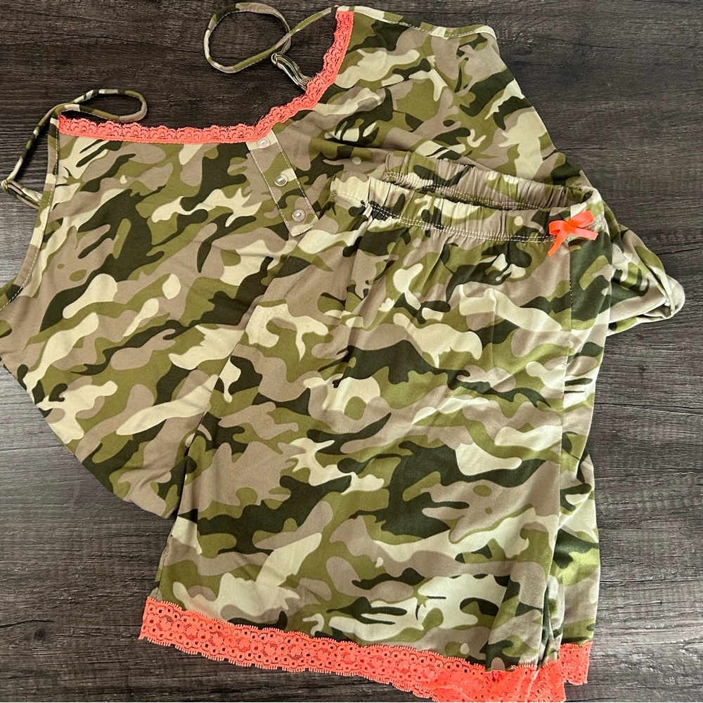 Sexy and Cute Camo Pajama Set with Orange Lace Trim